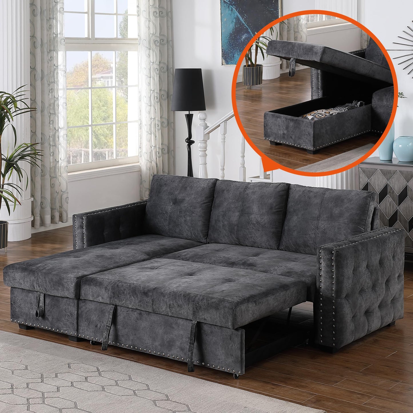 Reversible Sectional Comfy Sleeper Sofa with Pull Out Bed Storage Oversized 91 inches