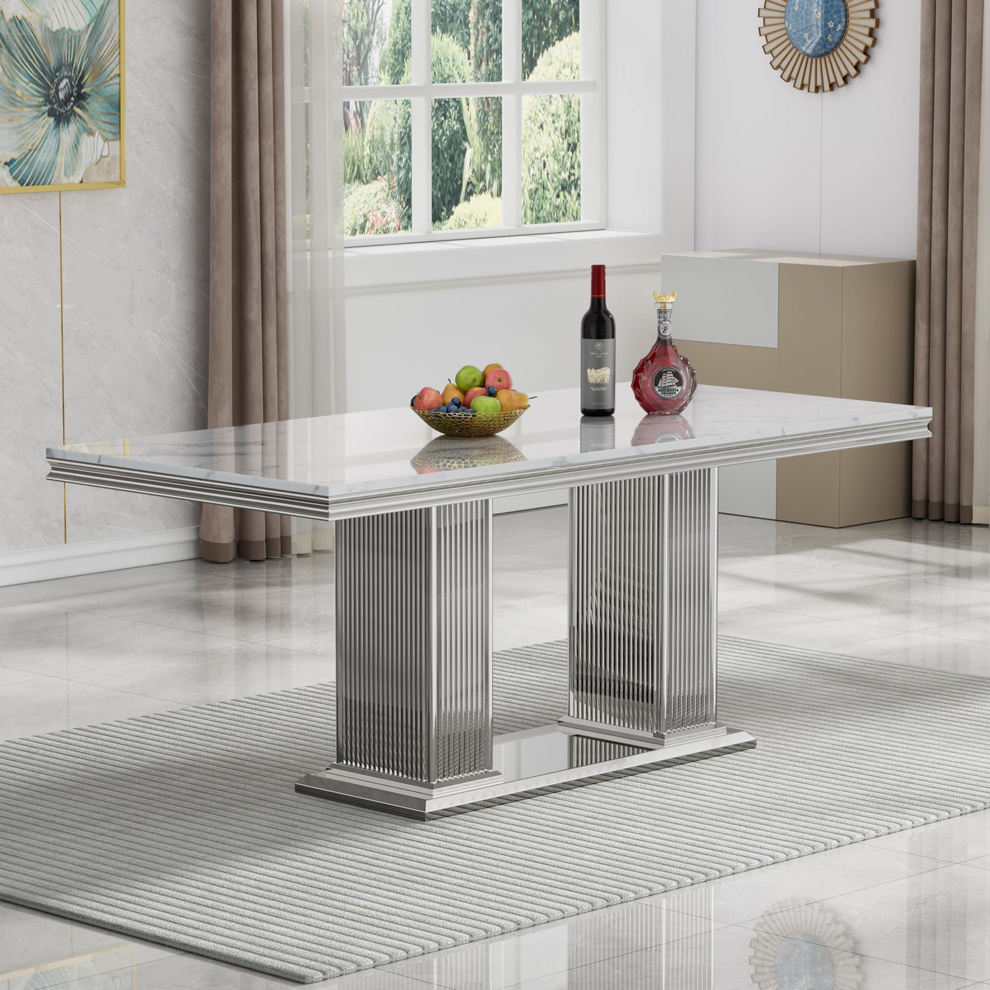 70 Inch White Marble Kitchen Table with Gold Mirrored Cabriole Legs