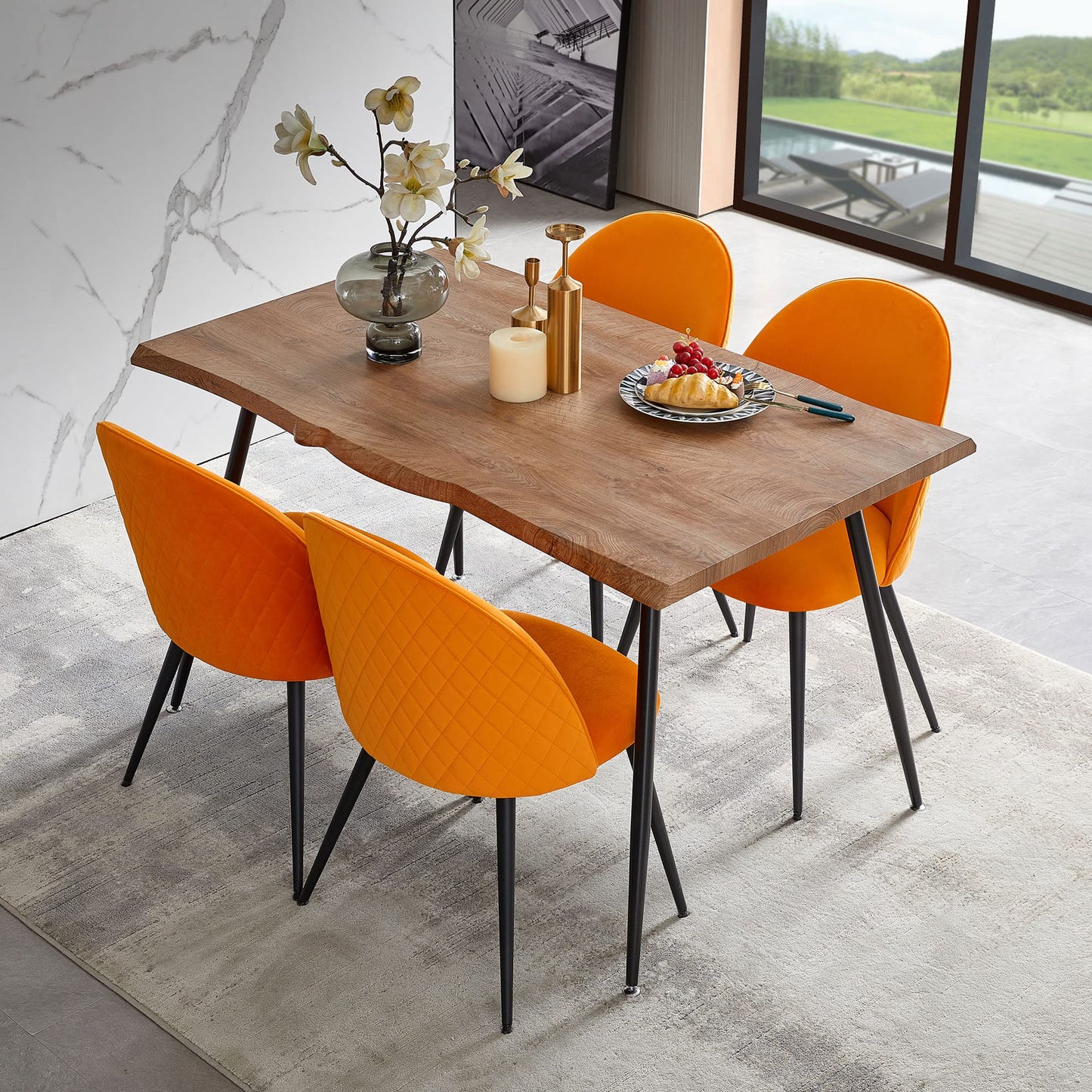 Modern Dining Table Set for 4 with Upholstered Dining Chairs Velvet