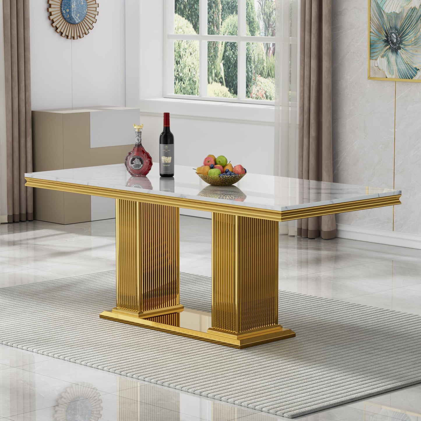 70 Inch White Marble Kitchen Table with Gold Mirrored Cabriole Legs