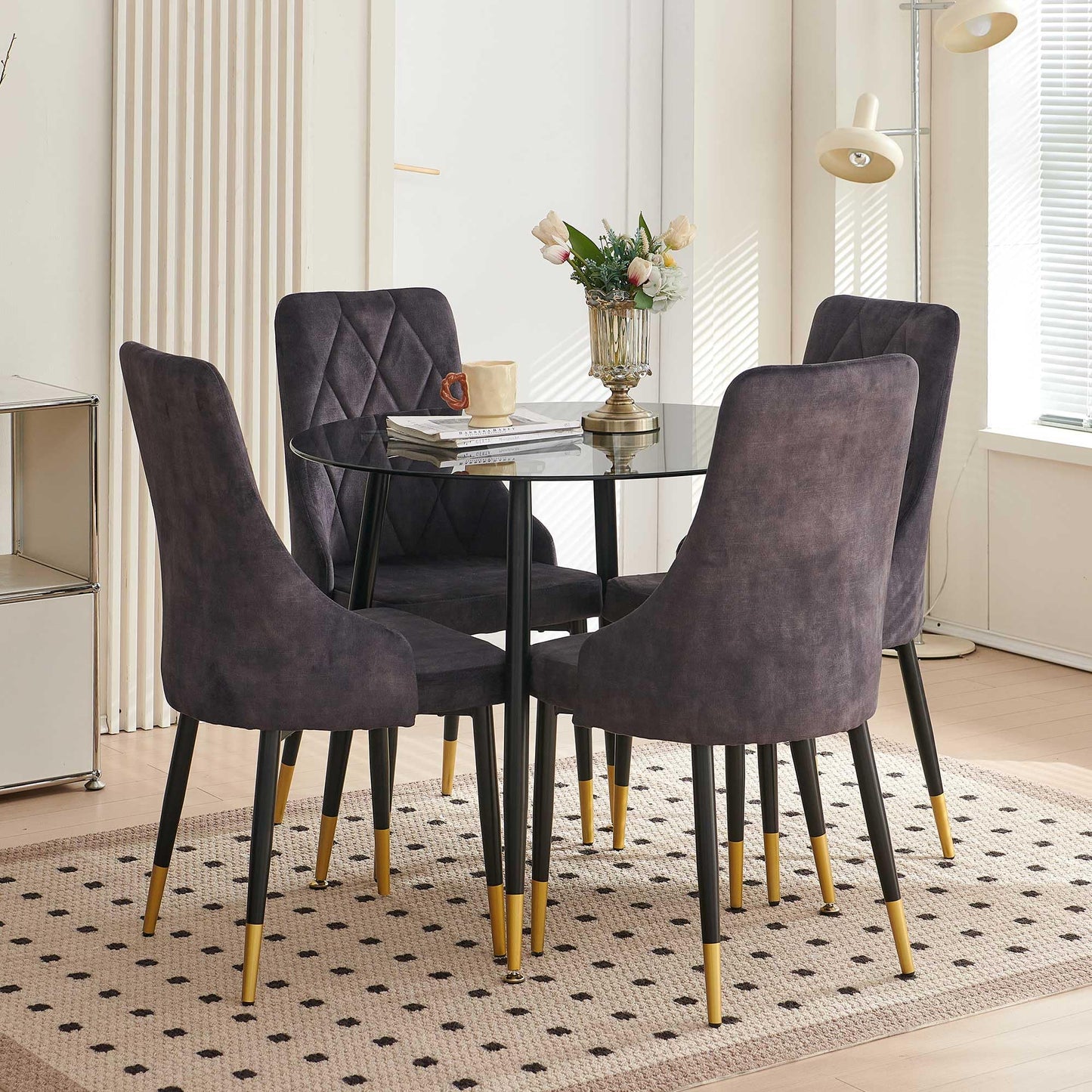 Kitchen Table and Chairs Set, Grey Glass Round Table with Metal Legs, 4 Chairs