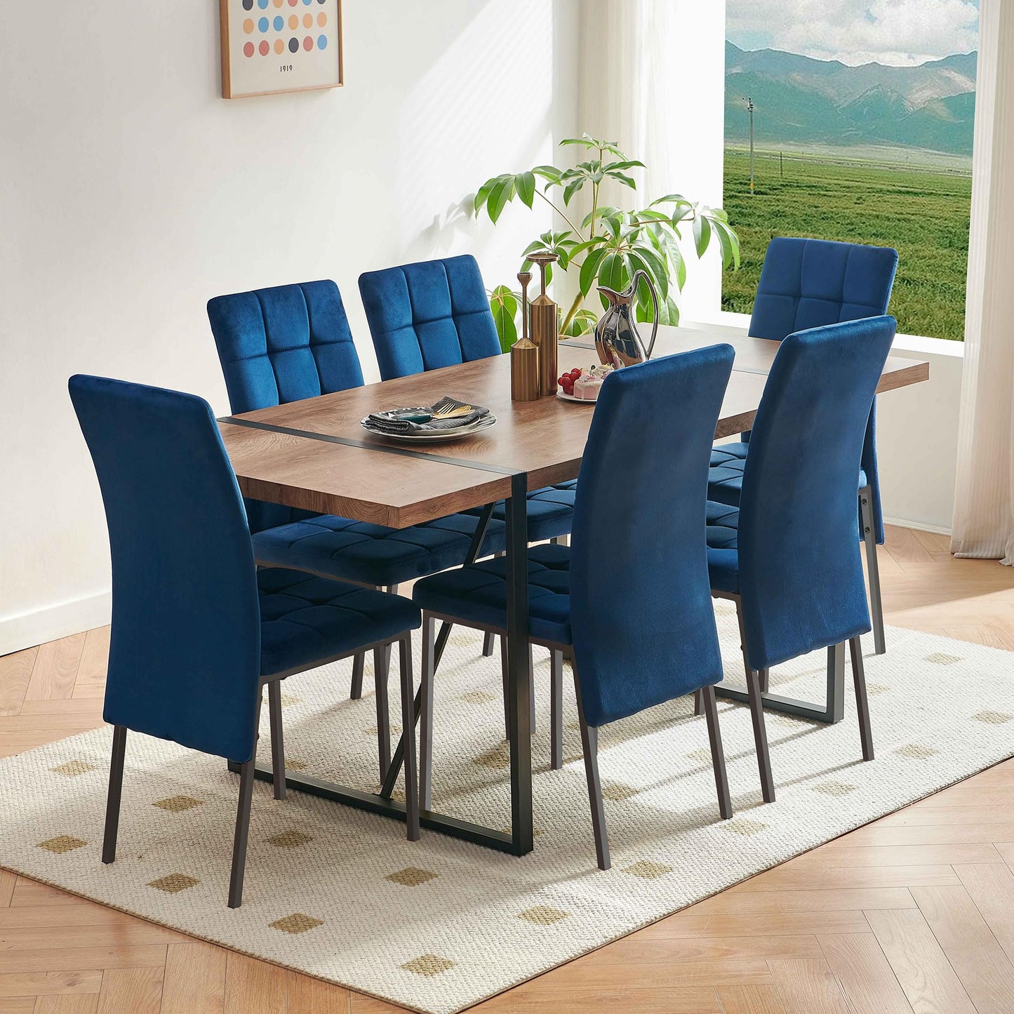 7 PCS Dining Room Table Set, 66" Large Kitchen Table Chairs Velvet Upholstered Chairs