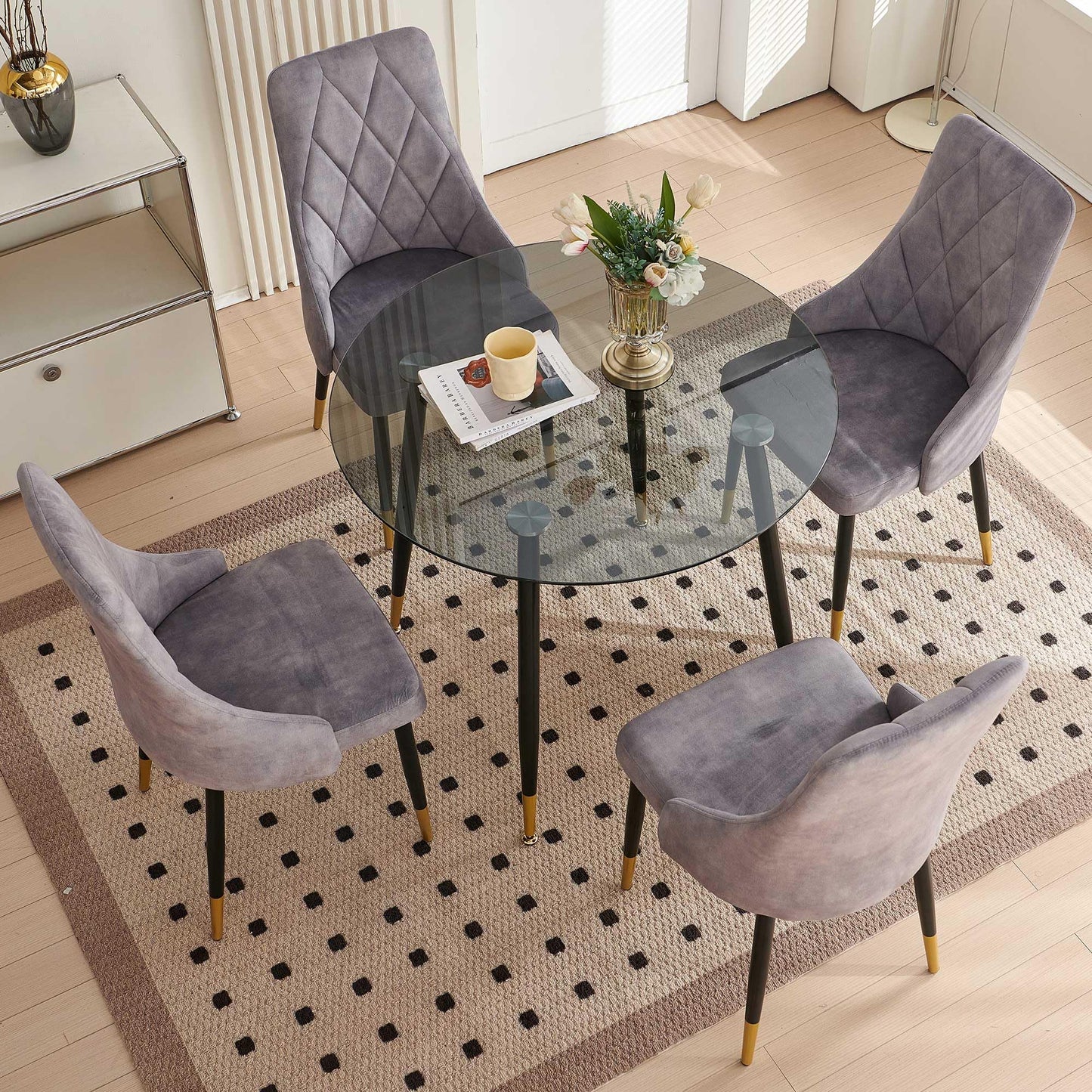 Kitchen Table and Chairs Set, Grey Glass Round Table with Metal Legs, 4 Chairs