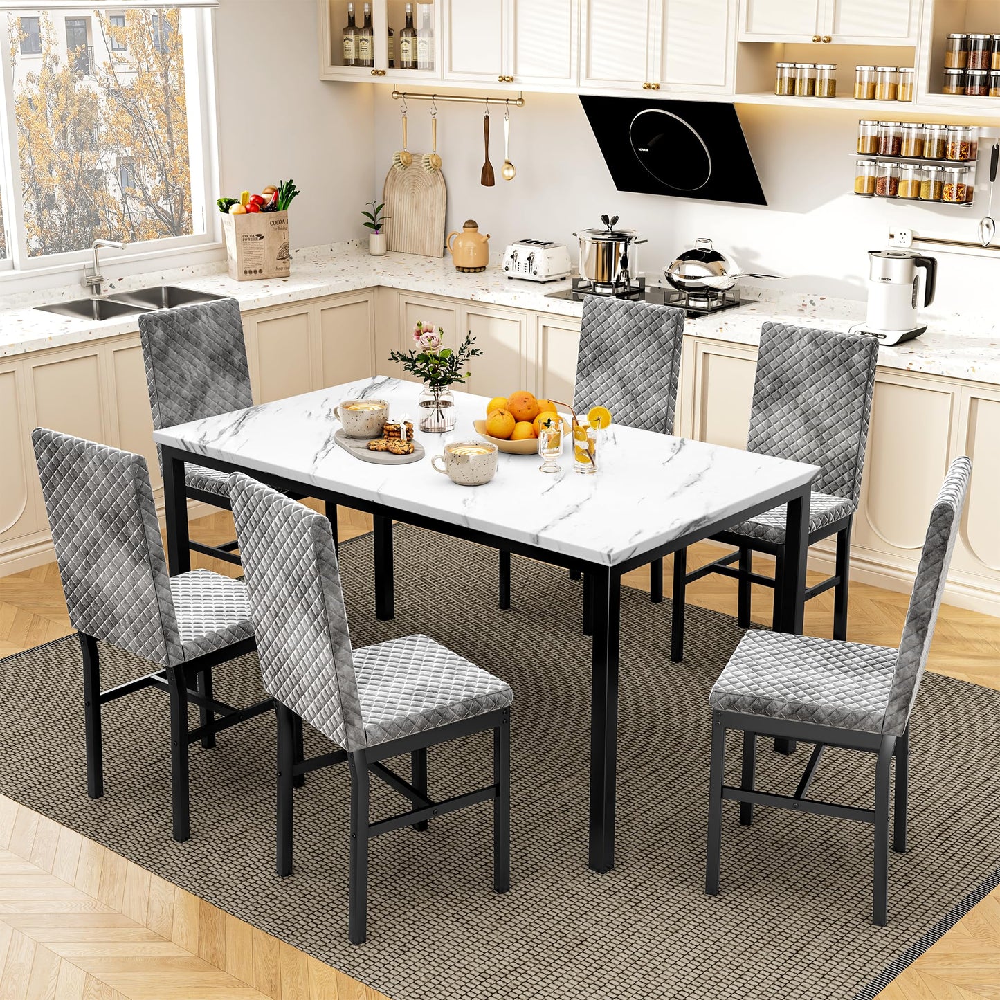 Dinner Table for 6, Marble Dining Room Table Set with Velvet Dining Chairs, 7 Piece