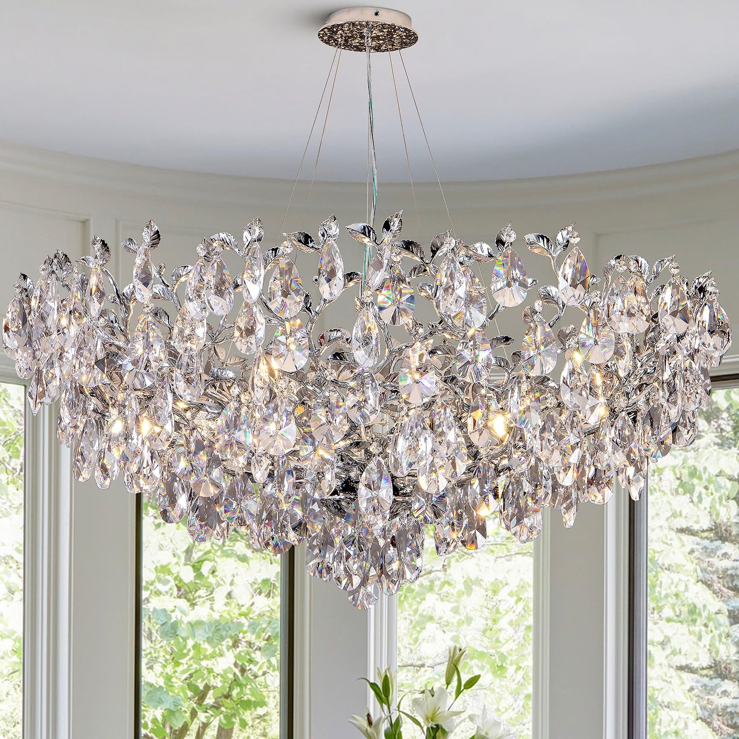 Modern Crystal Chandelier, Gold Pendant Flower Hanging Lighting