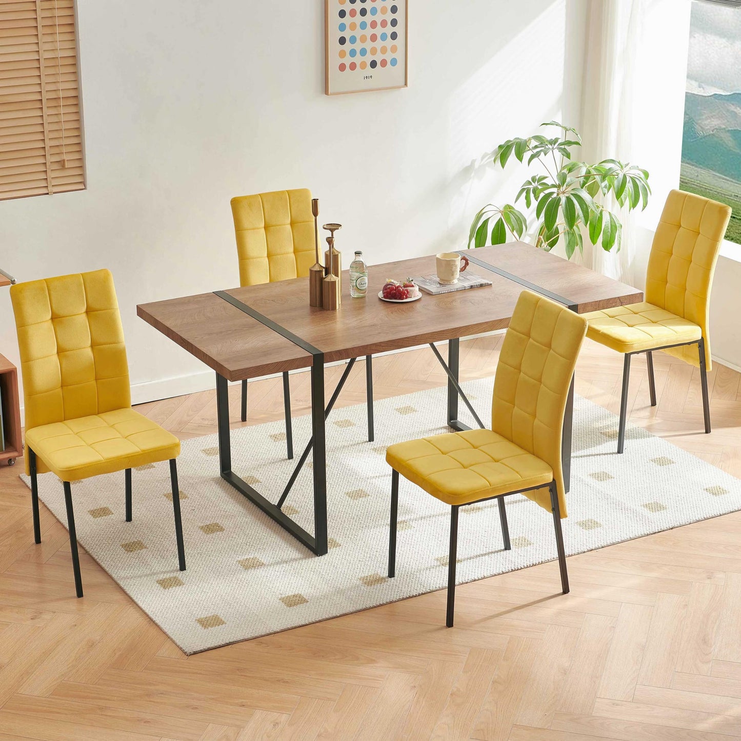 7 PCS Dining Room Table Set, 66" Large Kitchen Table Chairs Velvet Upholstered Chairs