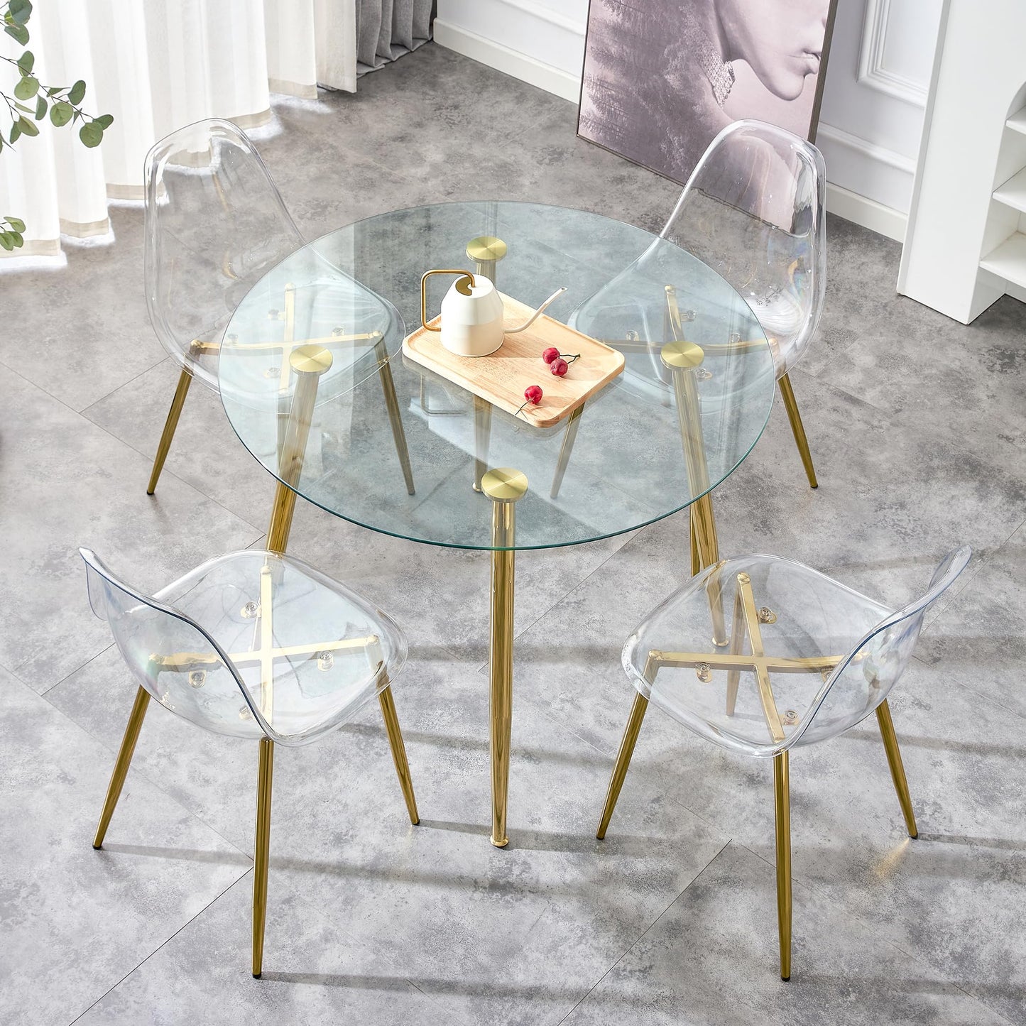 Gold Round Glass Dining Table Set for 4