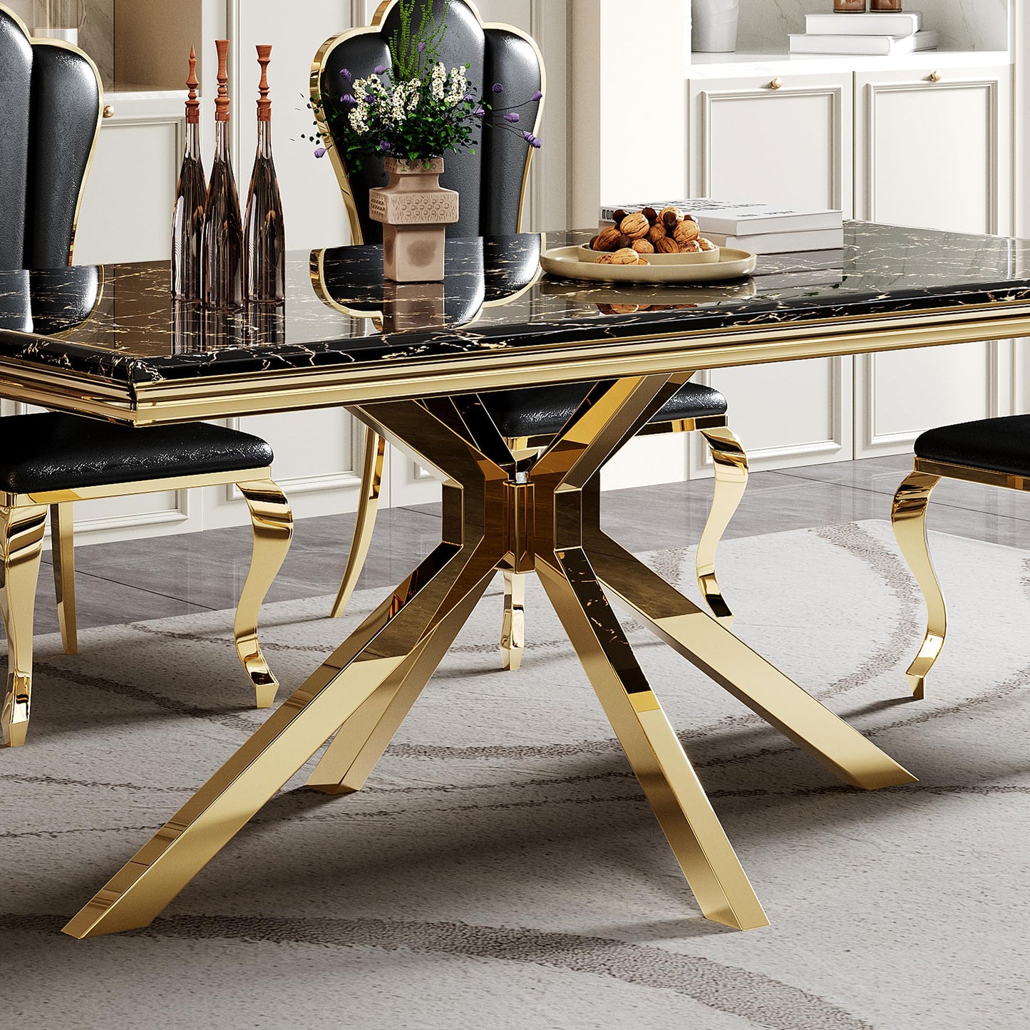 70 Inch White Marble Kitchen Table with Gold Mirrored Cabriole Legs