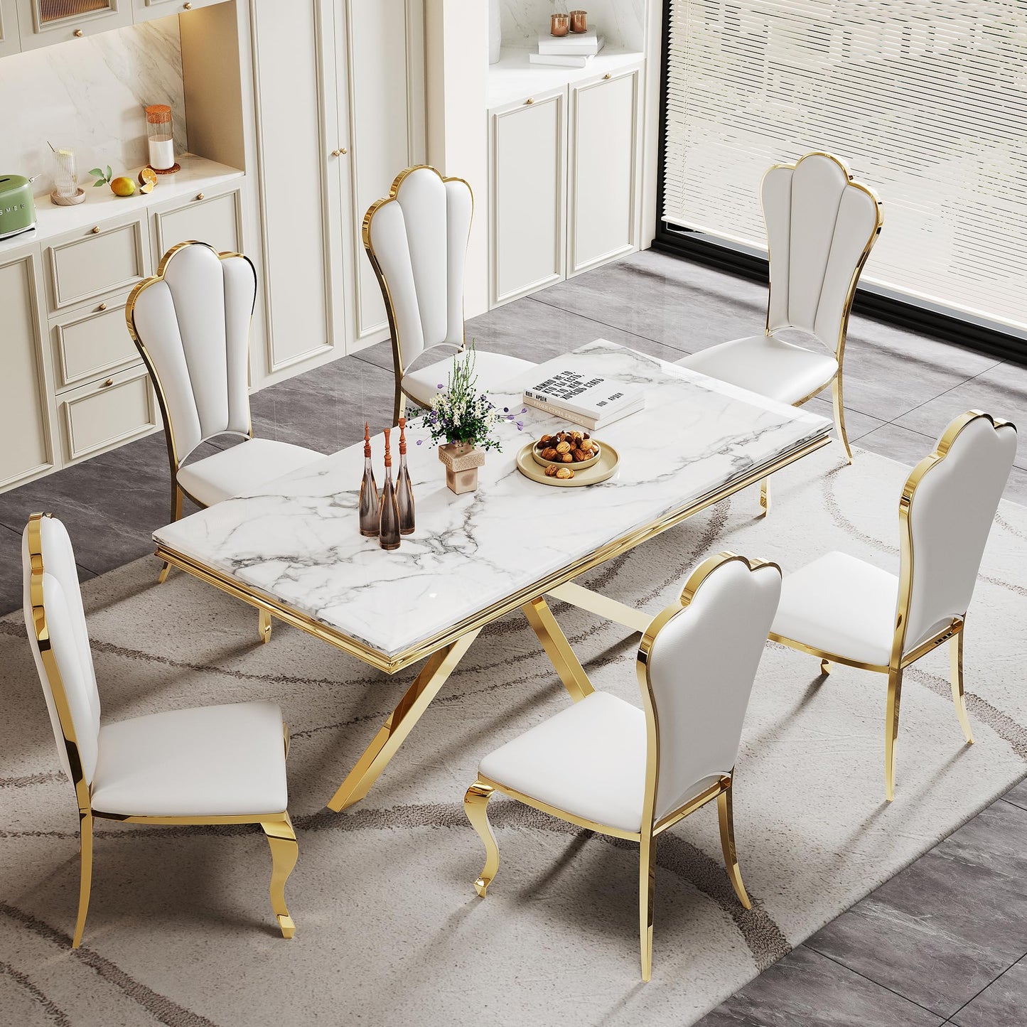 70 Inch White Marble Kitchen Table with Gold Mirrored Cabriole Legs