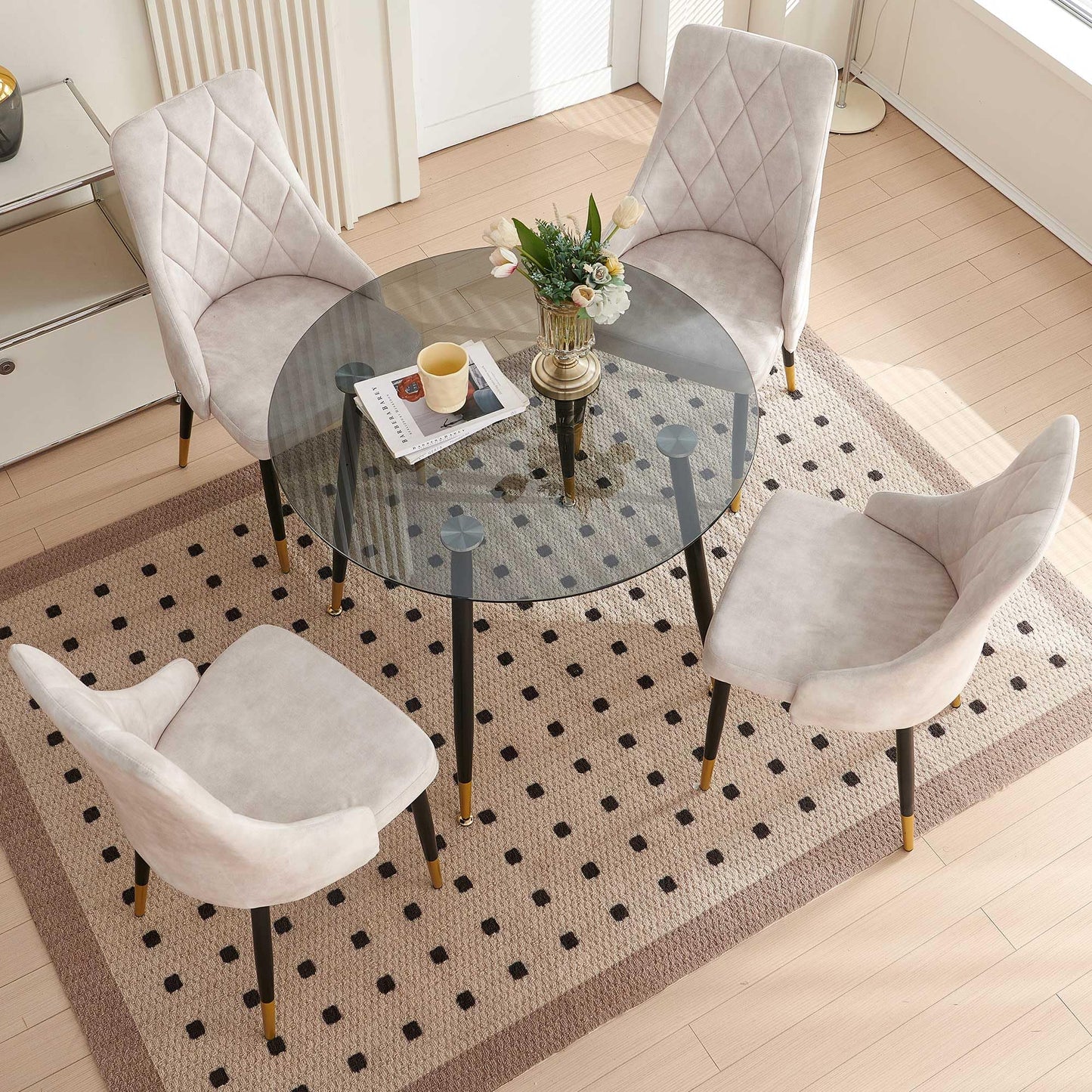 Kitchen Table and Chairs Set, Grey Glass Round Table with Metal Legs, 4 Chairs