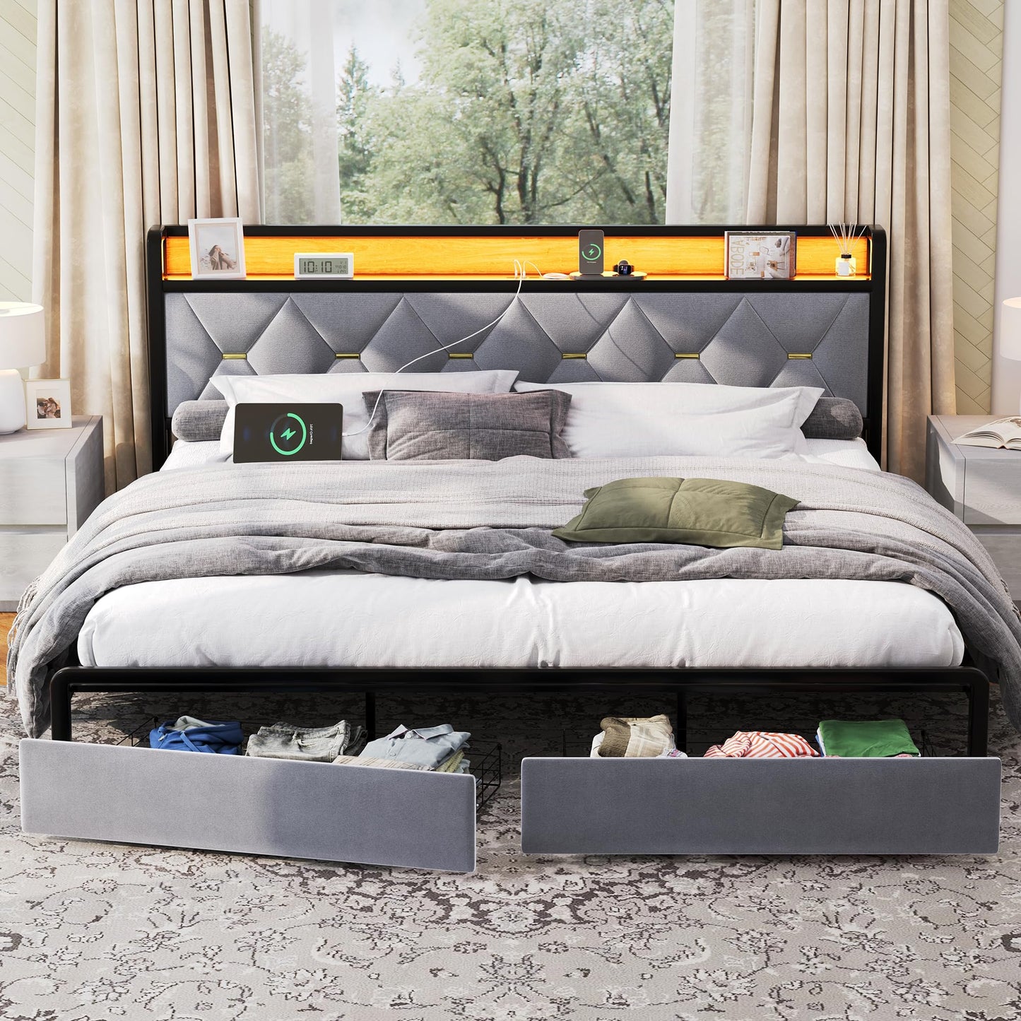 Led King Platform Bed Frame with Faux Leather Storage Headboard