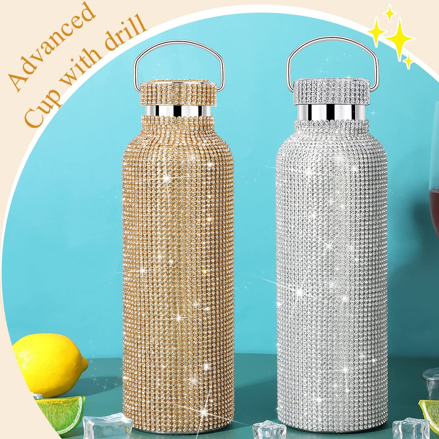 2 Pieces Bling Water Bottle Diamond - Rhinestone with Chain Stainless Steel