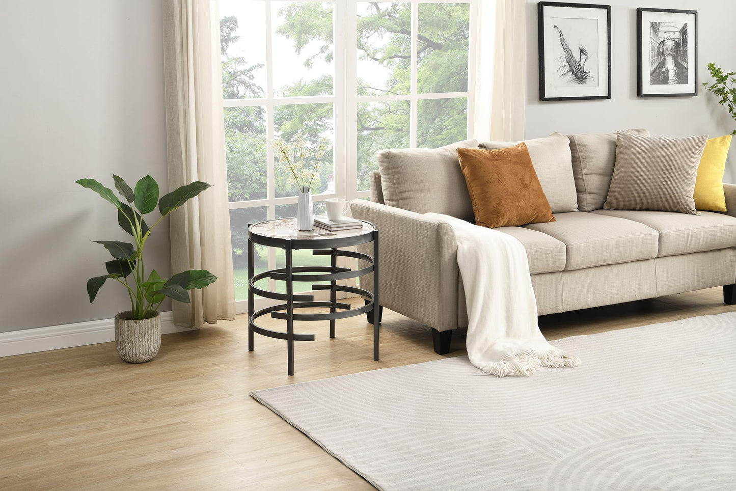 Coffee Table, Marble Stone Silver Living Room Table Modern Round