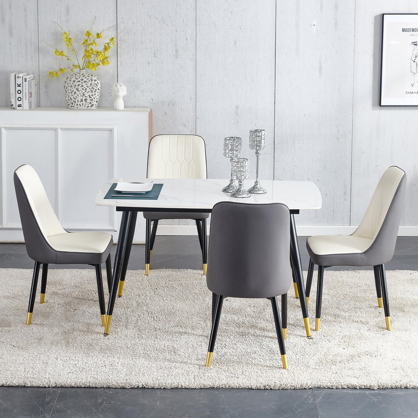 Dining Room Table Set for 4,Sintered Stone Kitchen Table Top and Modern Chairs