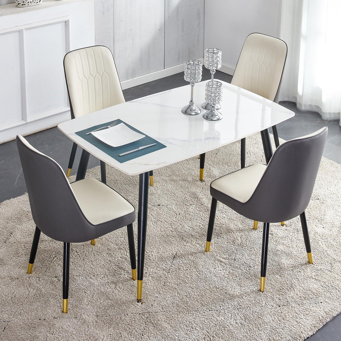 Dining Room Table Set for 4,Sintered Stone Kitchen Table Top and Modern Chairs