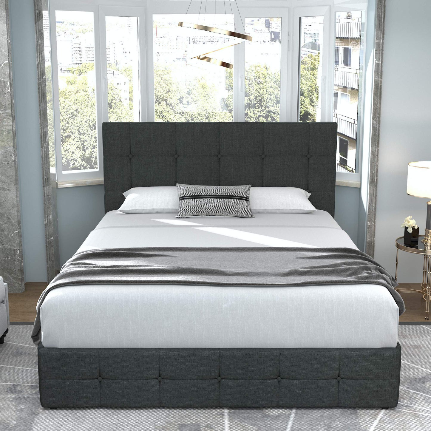 Upholstered Platform Bed Frame with 4 Storage Drawers and Headboard