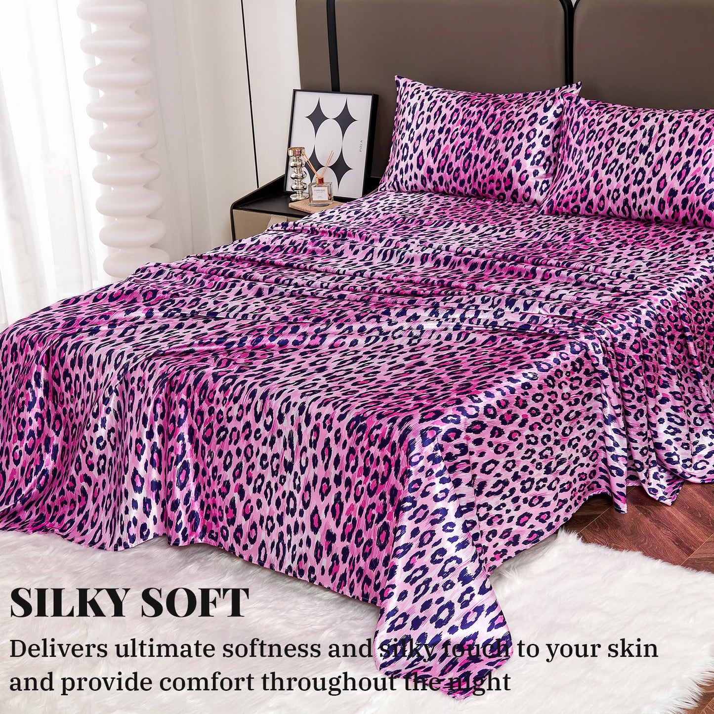 Floral Print - Luxurious Silky Feel Queen Sheet Set - Elegant Smooth Satin Bed Sheets