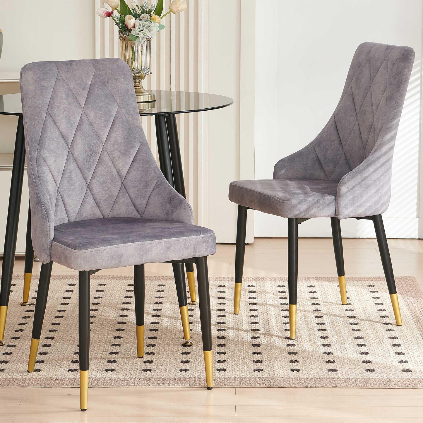 Kitchen Table and Chairs Set, Grey Glass Round Table with Metal Legs, 4 Chairs