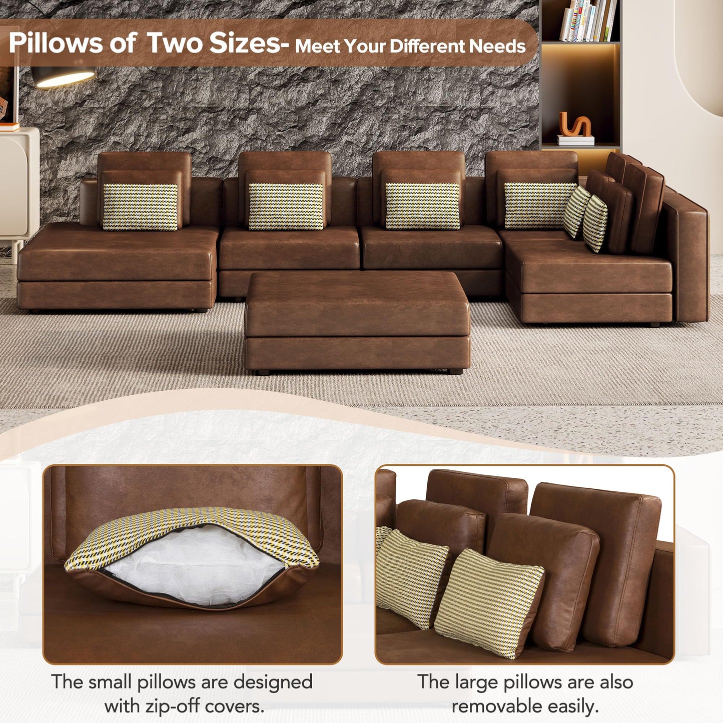 Oversized Modular Technical Leather Sectional Sofa Couch U Shaped