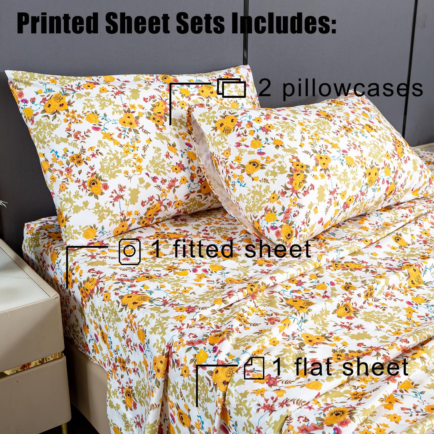 Queen Sheet Set Ultra Soft Breathable Silky Flower Bed Sheets Deep Pocket