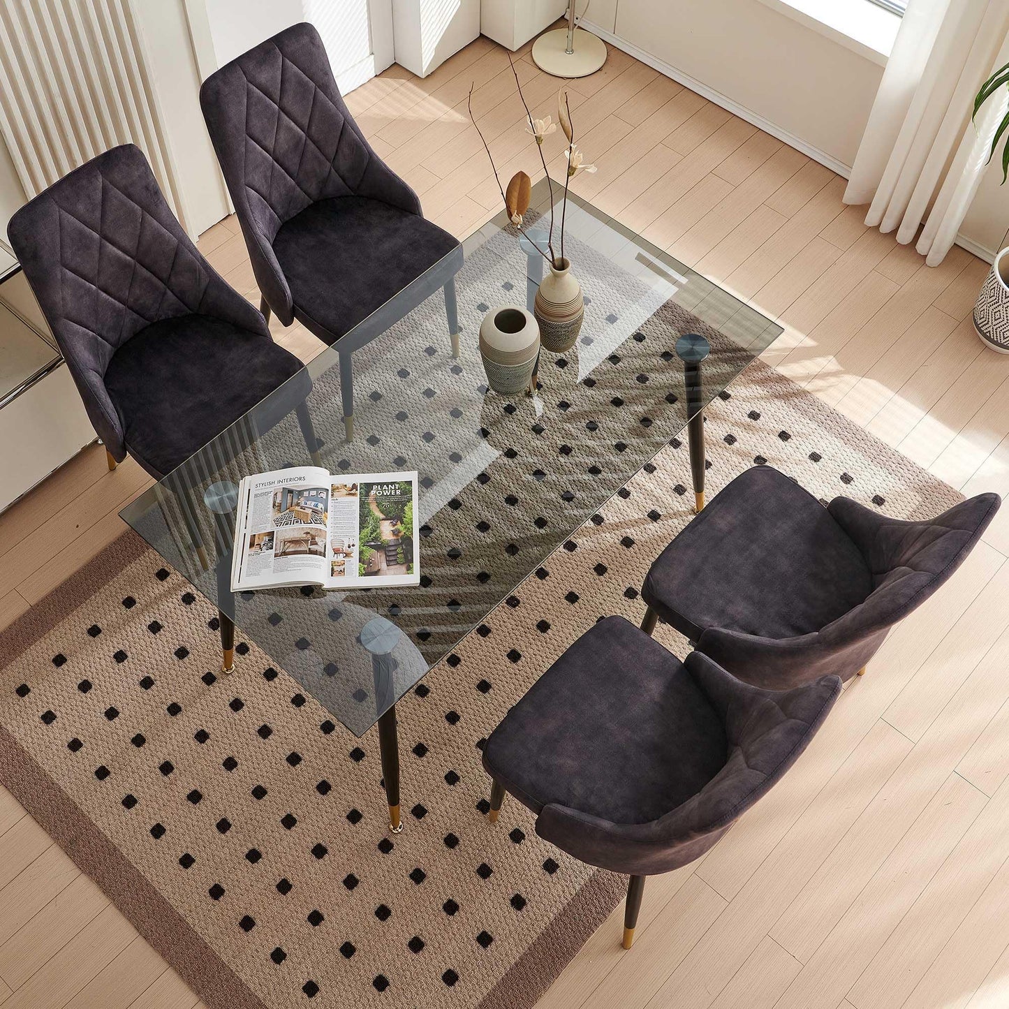 Kitchen Table and Chairs Set, Grey Glass Round Table with Metal Legs, 4 Chairs