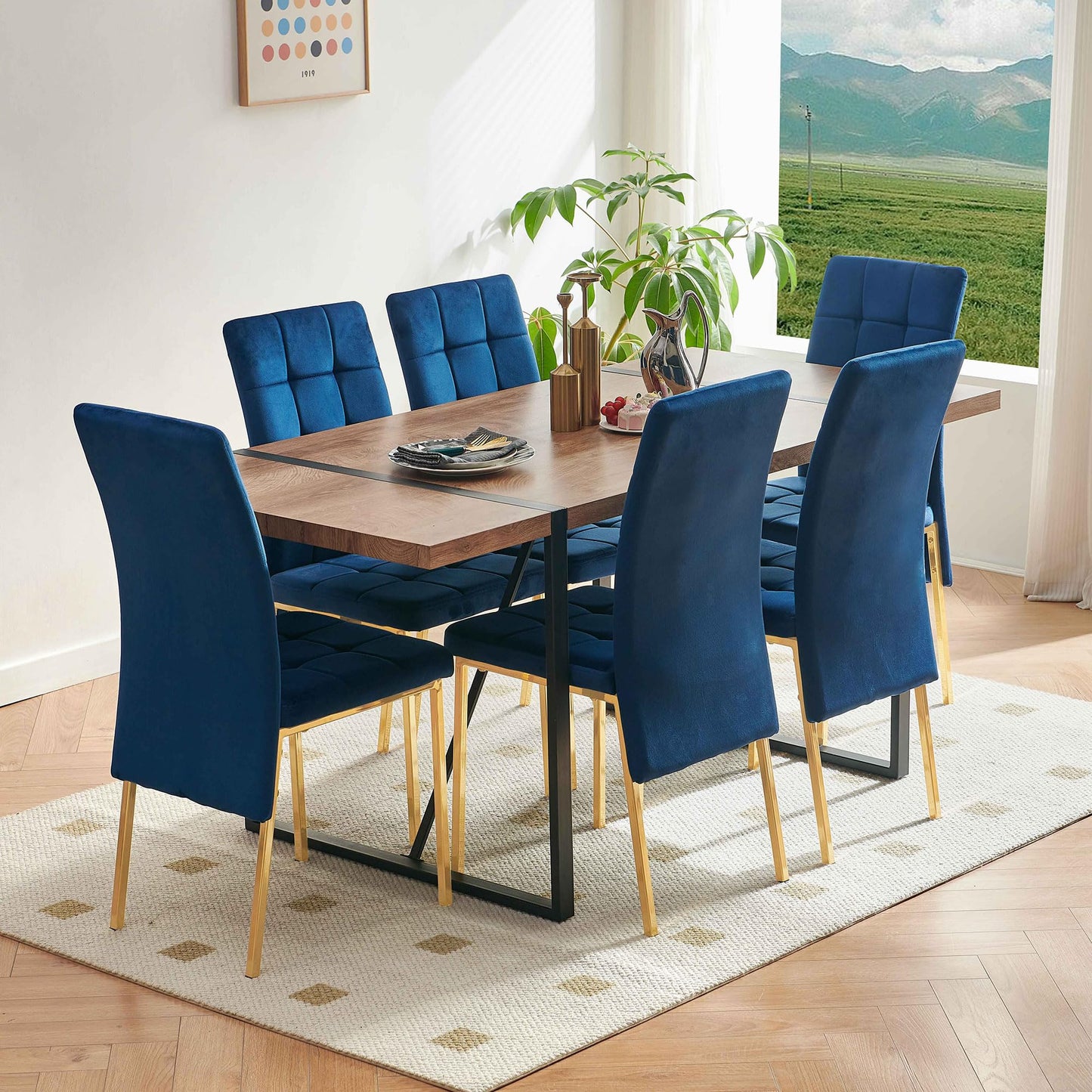 7 PCS Dining Room Table Set, 66" Large Kitchen Table Chairs Velvet Upholstered Chairs