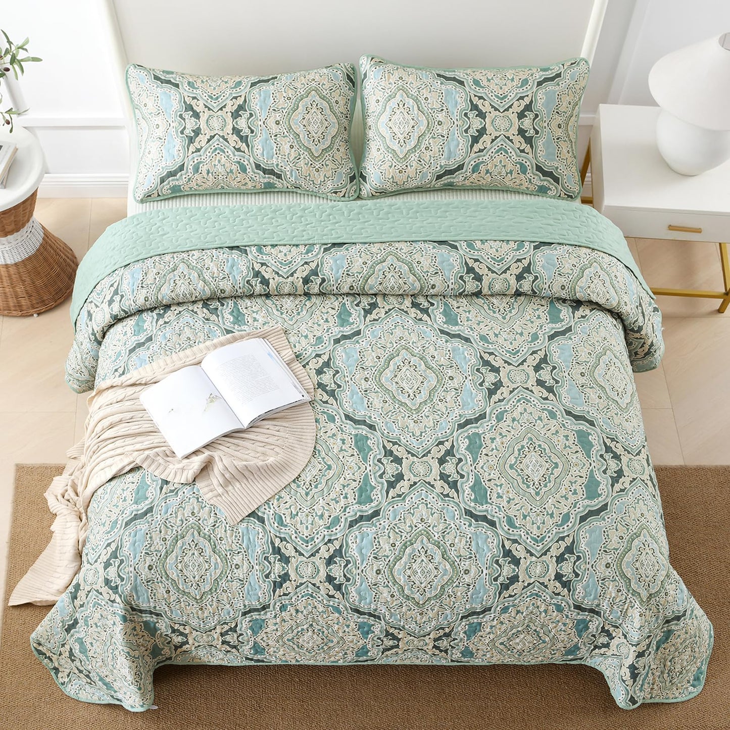 Blue Quilt Set Queen Size Boho Damask Bedspread Sets