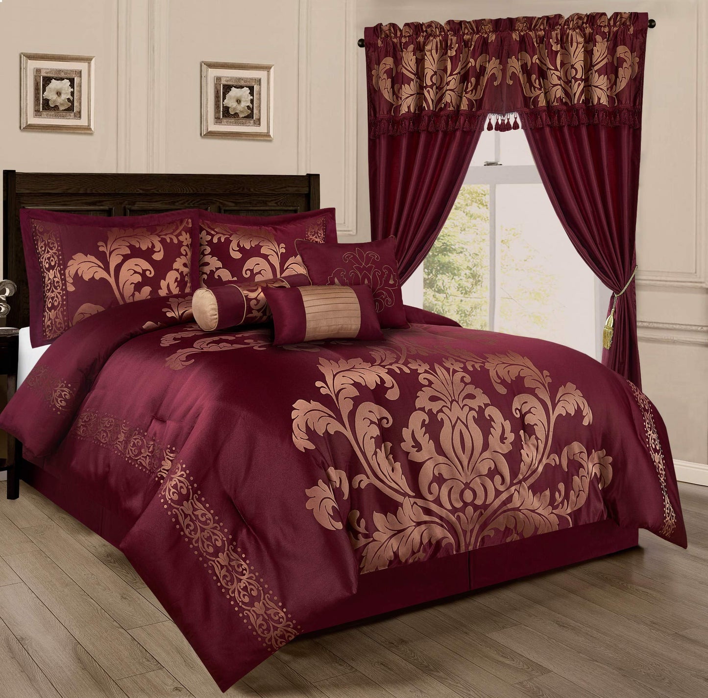 7-Piece Jacquard Floral Comforter Set (Queen, Navy/Gold)