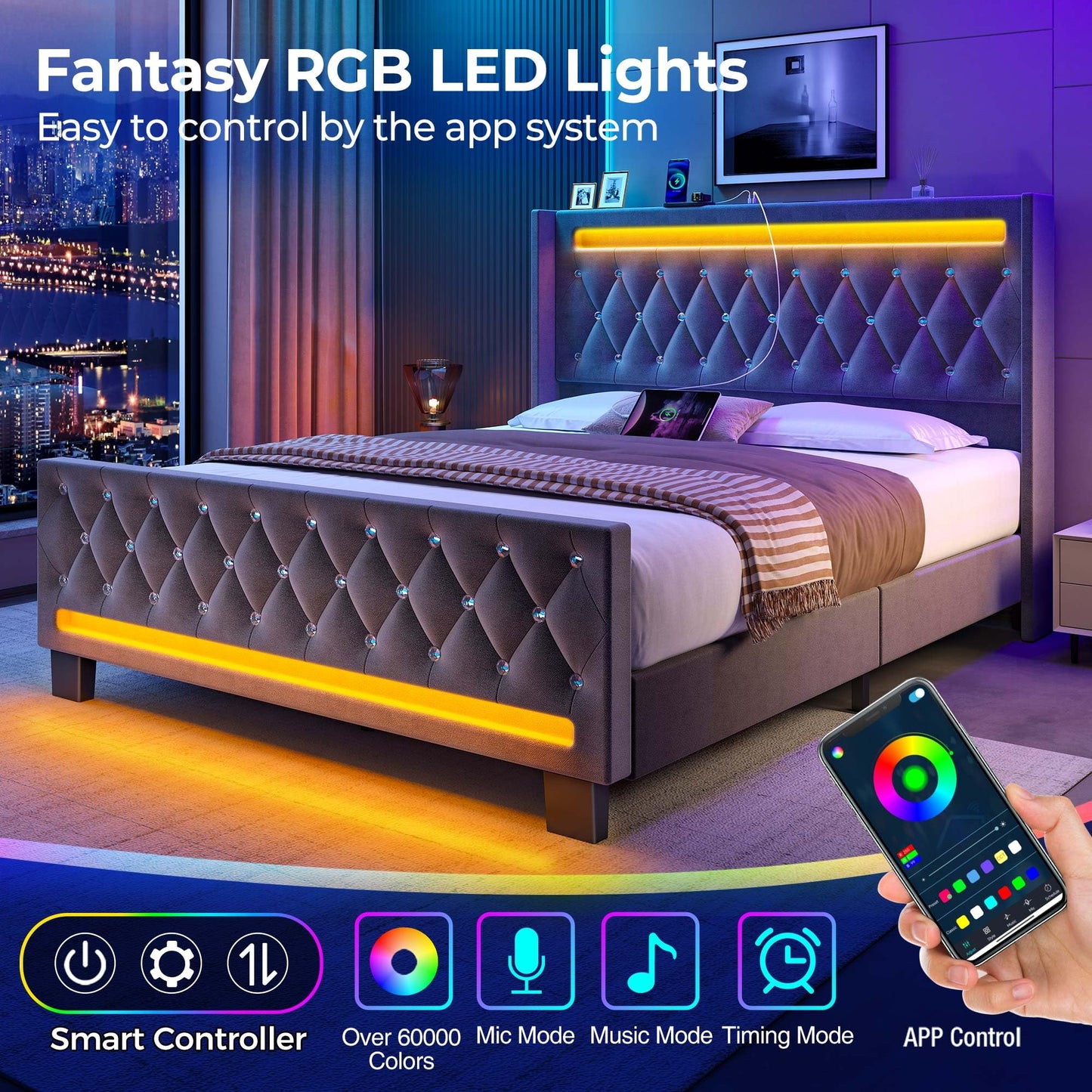 LED Light and Charging Station, Upholstered High Headboard and Footboard