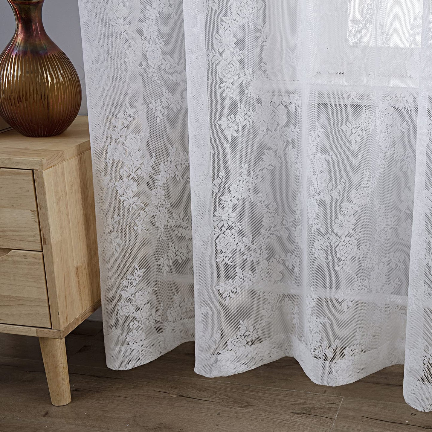 White Lace Sheer Curtain Panels for Living Room Set