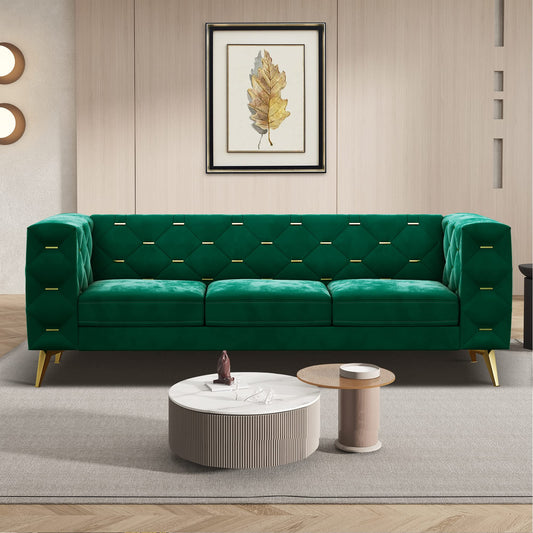 84'' Velvet Upholstered 3 Seater with Square Arms and Tufted Back, Mid-Century Modern