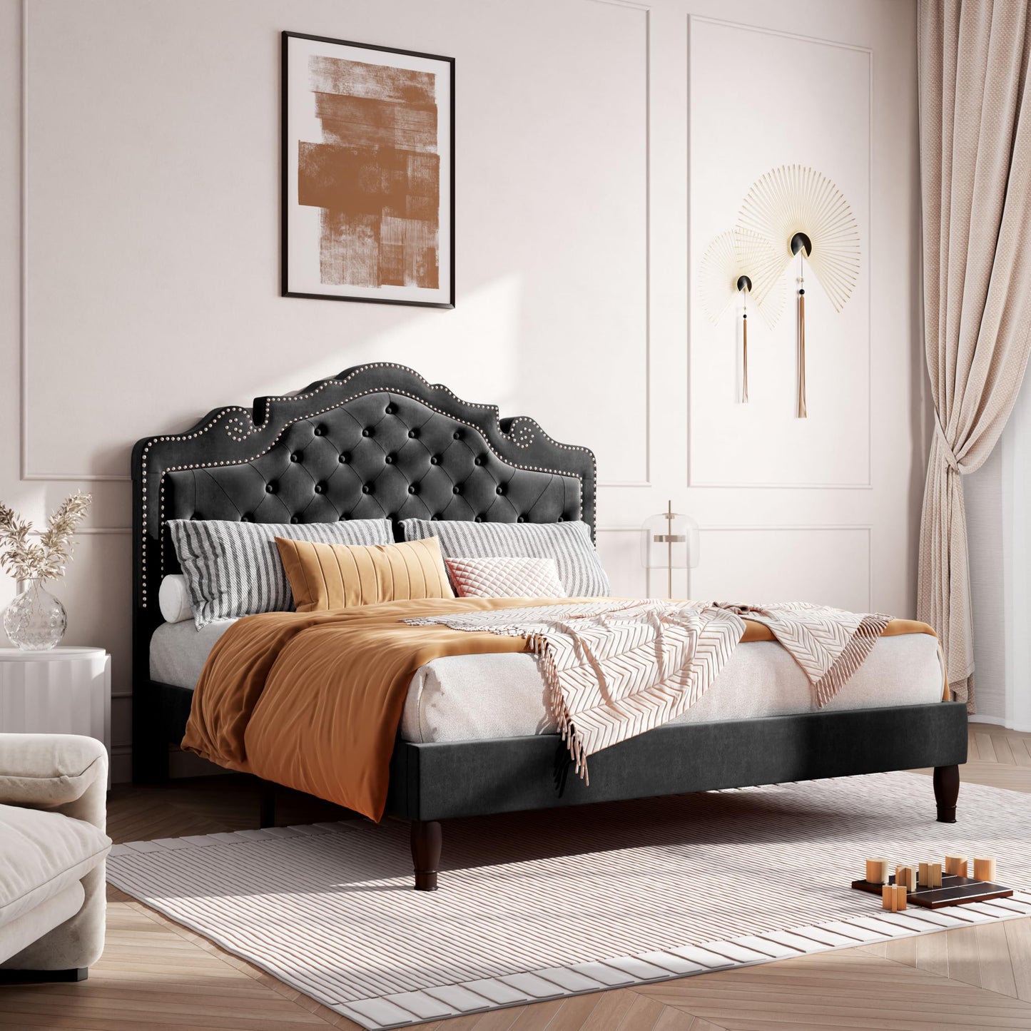 Velvet Tiara Upholstered Diamond Button Tufted Platform Bed