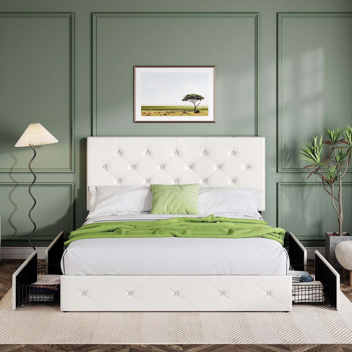 Upholstered Platform Bed Frame with 4 Storage Drawers and Headboard