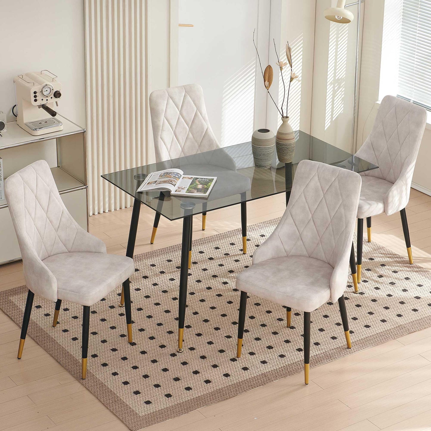 Kitchen Table and Chairs Set, Grey Glass Round Table with Metal Legs, 4 Chairs