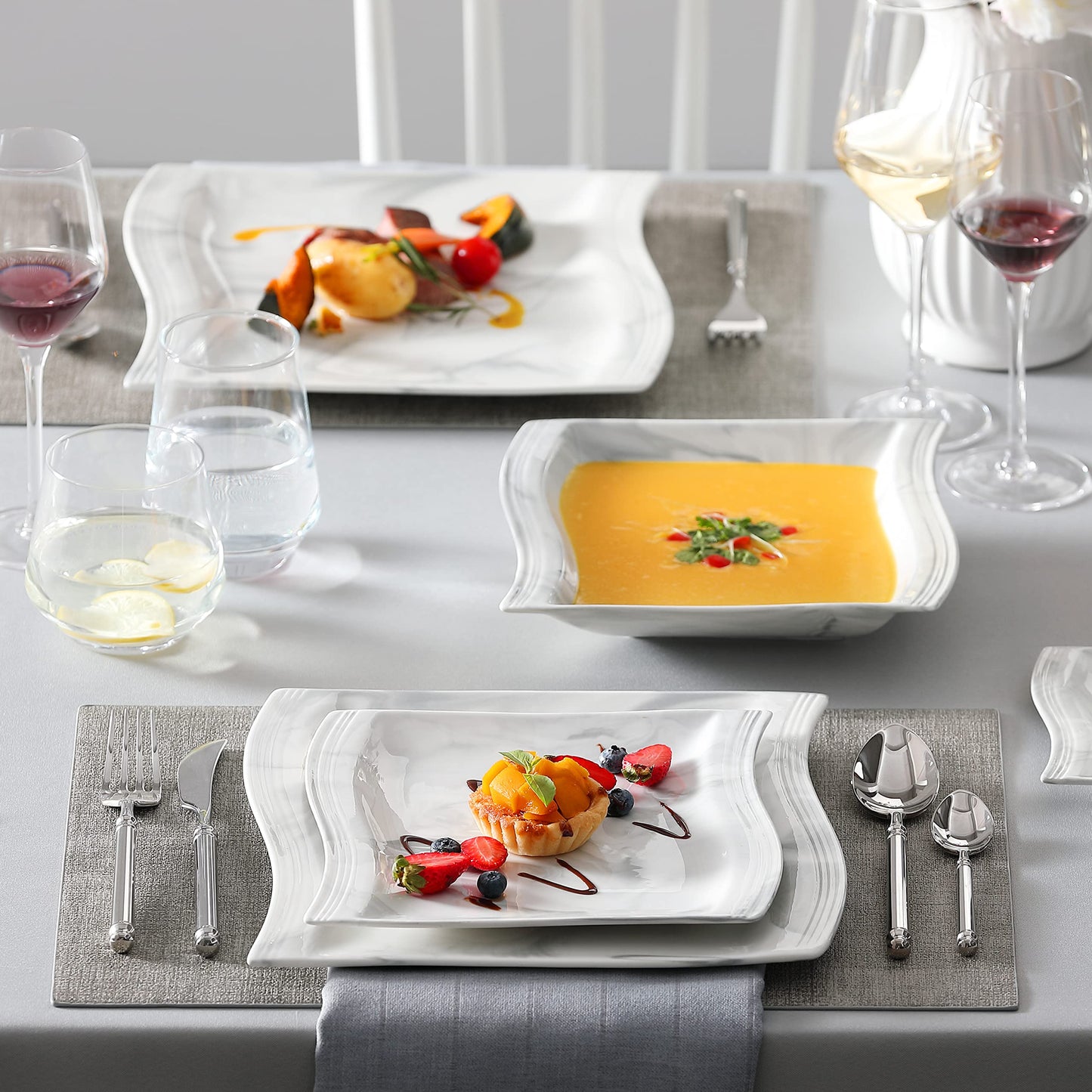 Dinnerware Sets, 12-Piece Porcelain Plates and Bowls Sets, Square Marble