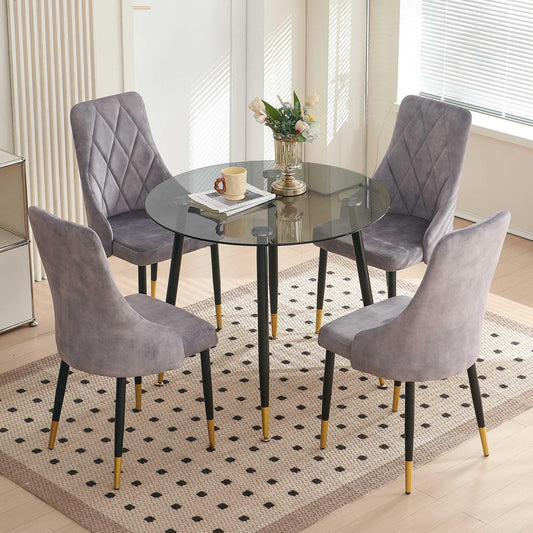 Kitchen Table and Chairs Set, Grey Glass Round Table with Metal Legs, 4 Chairs