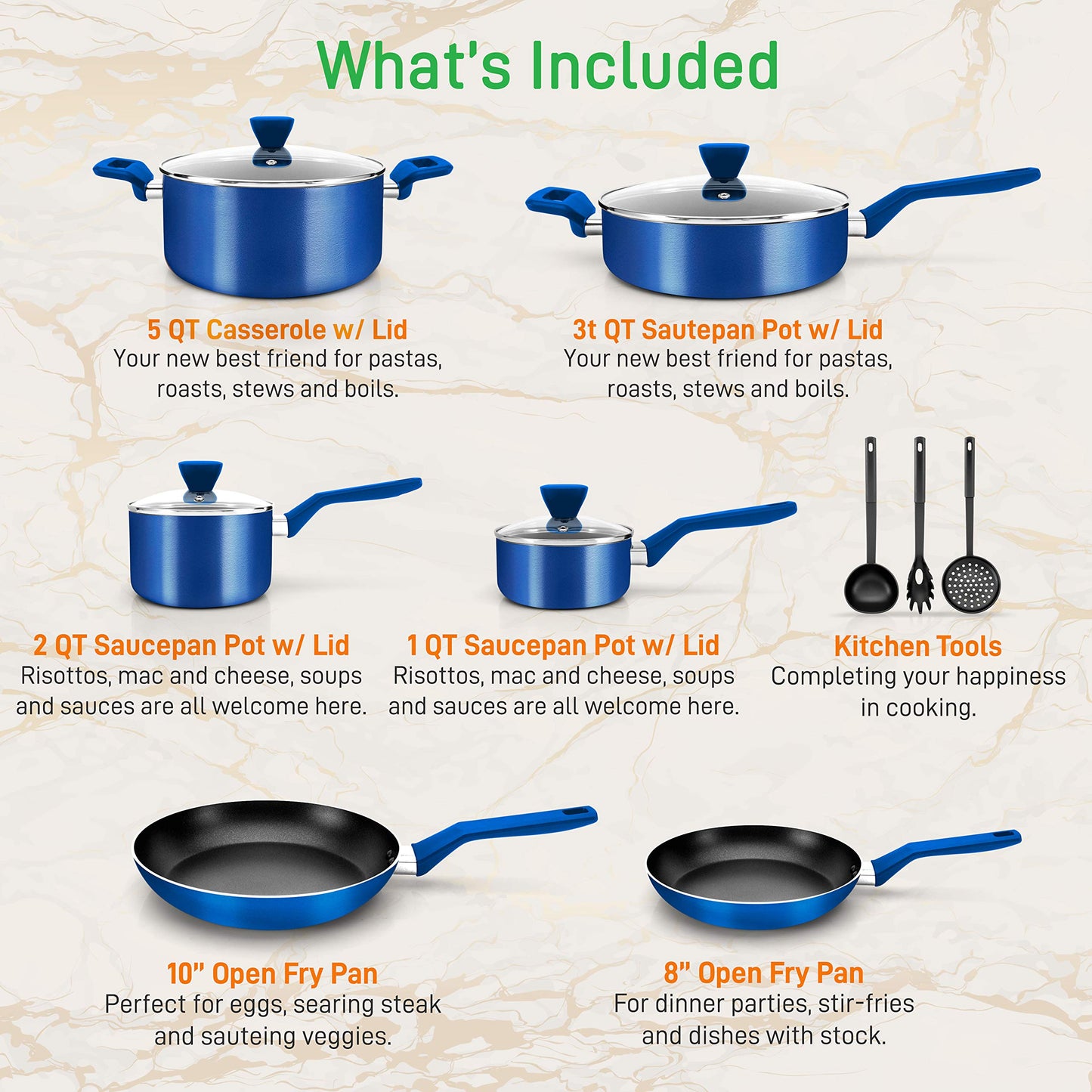 13 Pcs. Nonstick Kitchen Cookware PFOA/PFOS-Free Heat Resistant