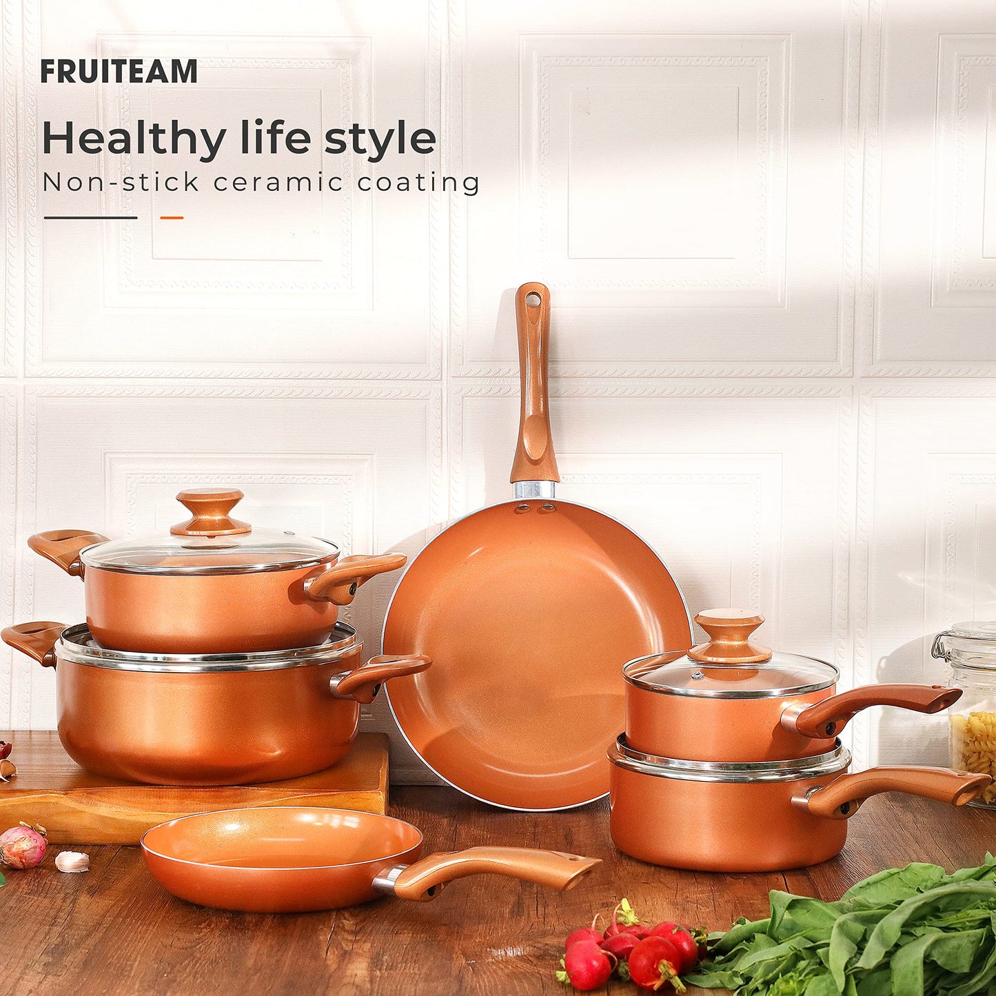 10pcs Cookware Set Ceramic Nonstick Soup Pot/Milk Pot/Frying Pans Set | Copper