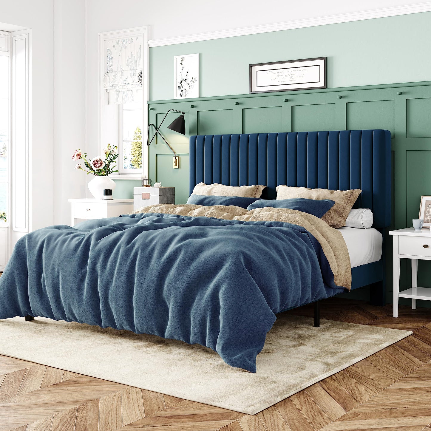 Velvet Upholstered Platform Bed with Adjustable Vertical Channel