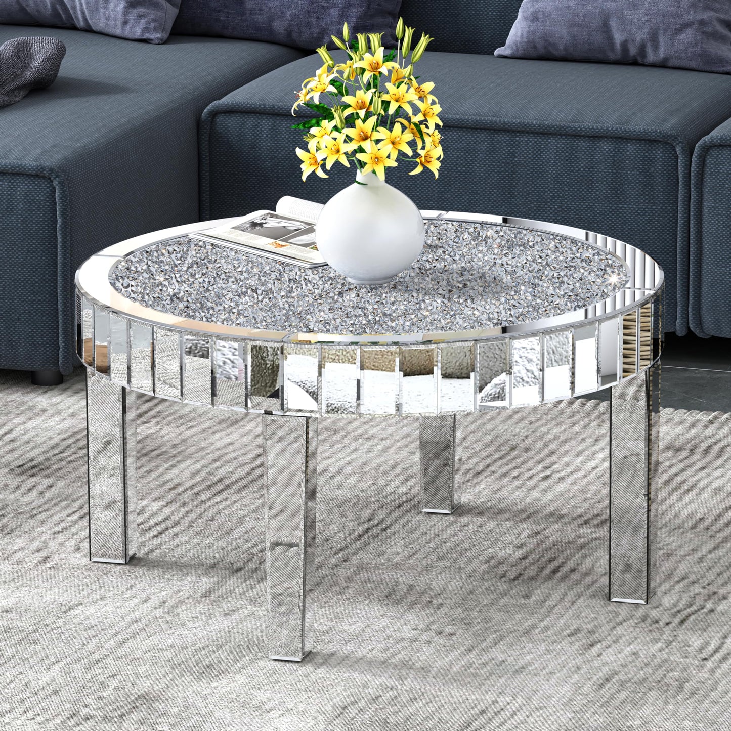 31.5'' Modern Round Coffee Table with Mirror Surface, Silver Accent Table