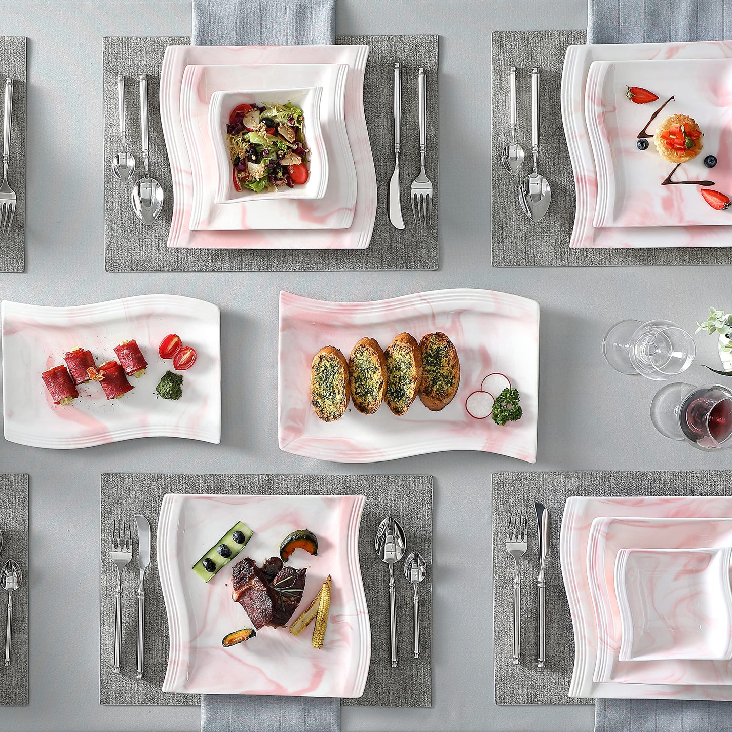 Dinnerware Sets, 12-Piece Porcelain Plates and Bowls Sets, Square Marble