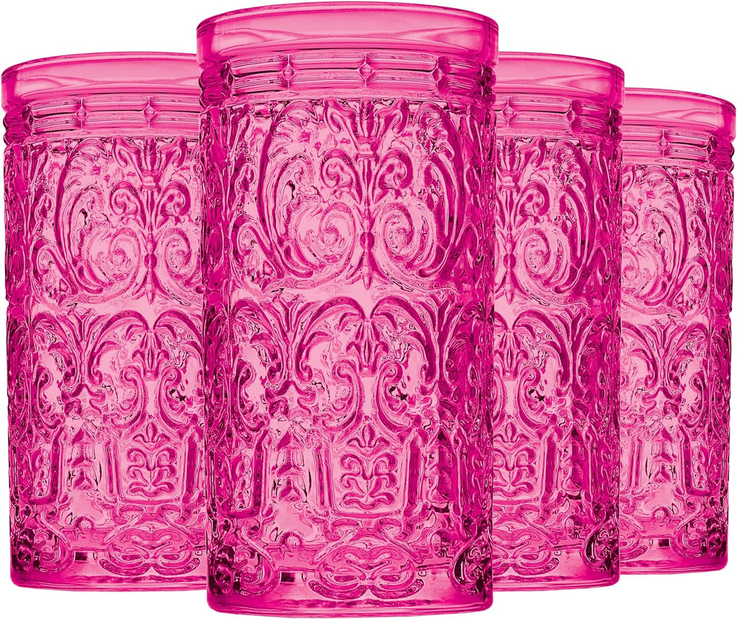 Highball Tall Glass Cups Vintage Design - Hot Pink, Set of 4