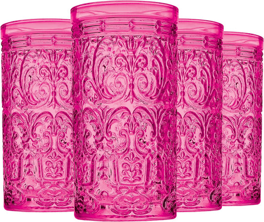 Highball Tall Glass Cups Vintage Design - Hot Pink, Set of 4