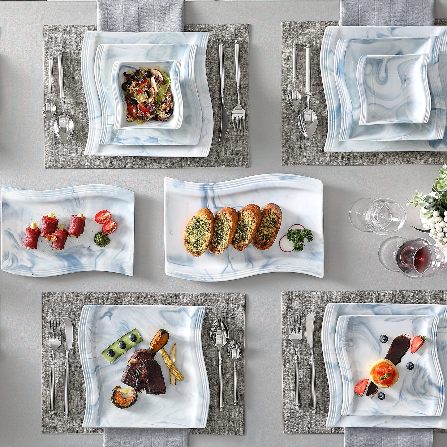 Dinnerware Sets, 12-Piece Porcelain Plates and Bowls Sets, Square Marble