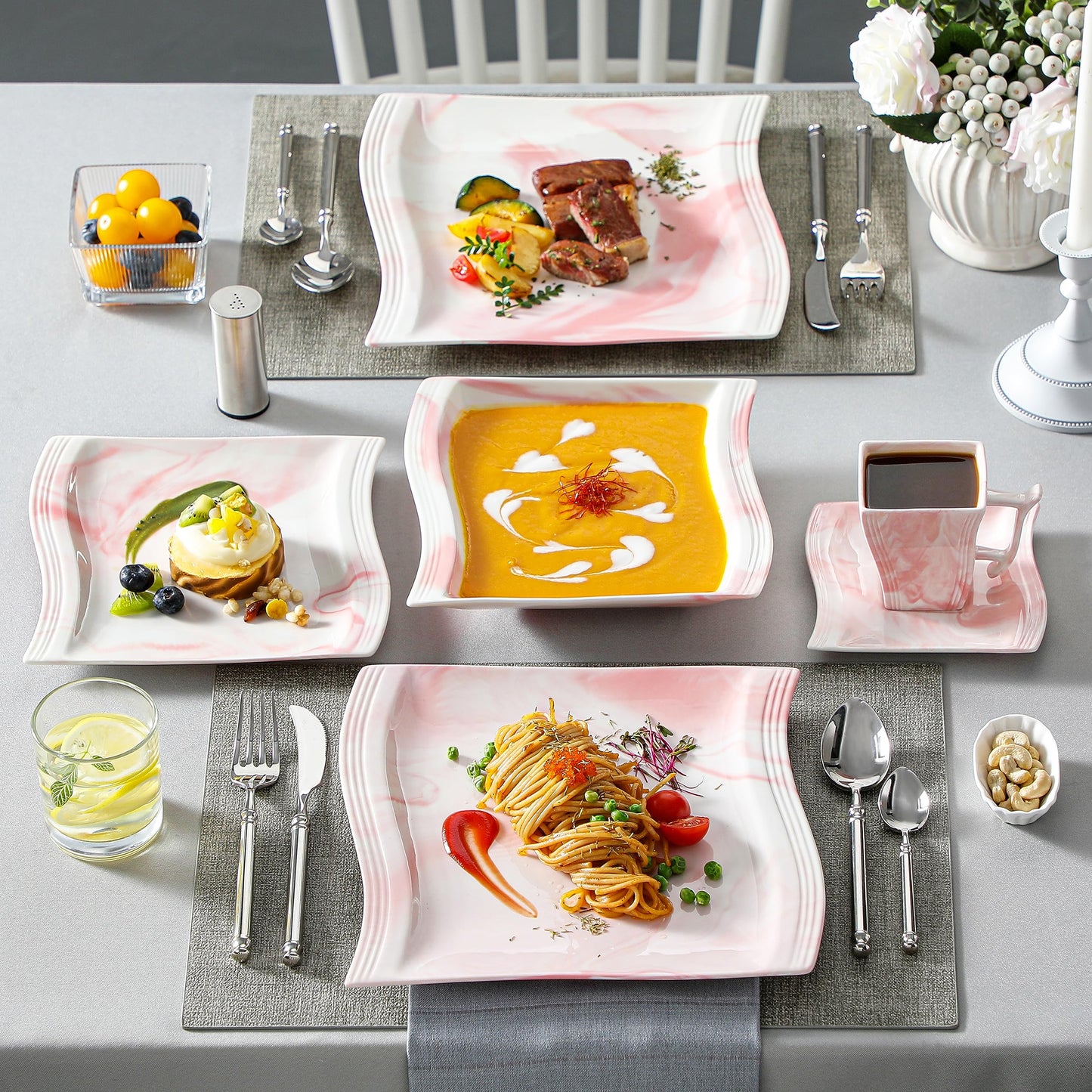 Dinnerware Sets, 12-Piece Porcelain Plates and Bowls Sets, Square Marble