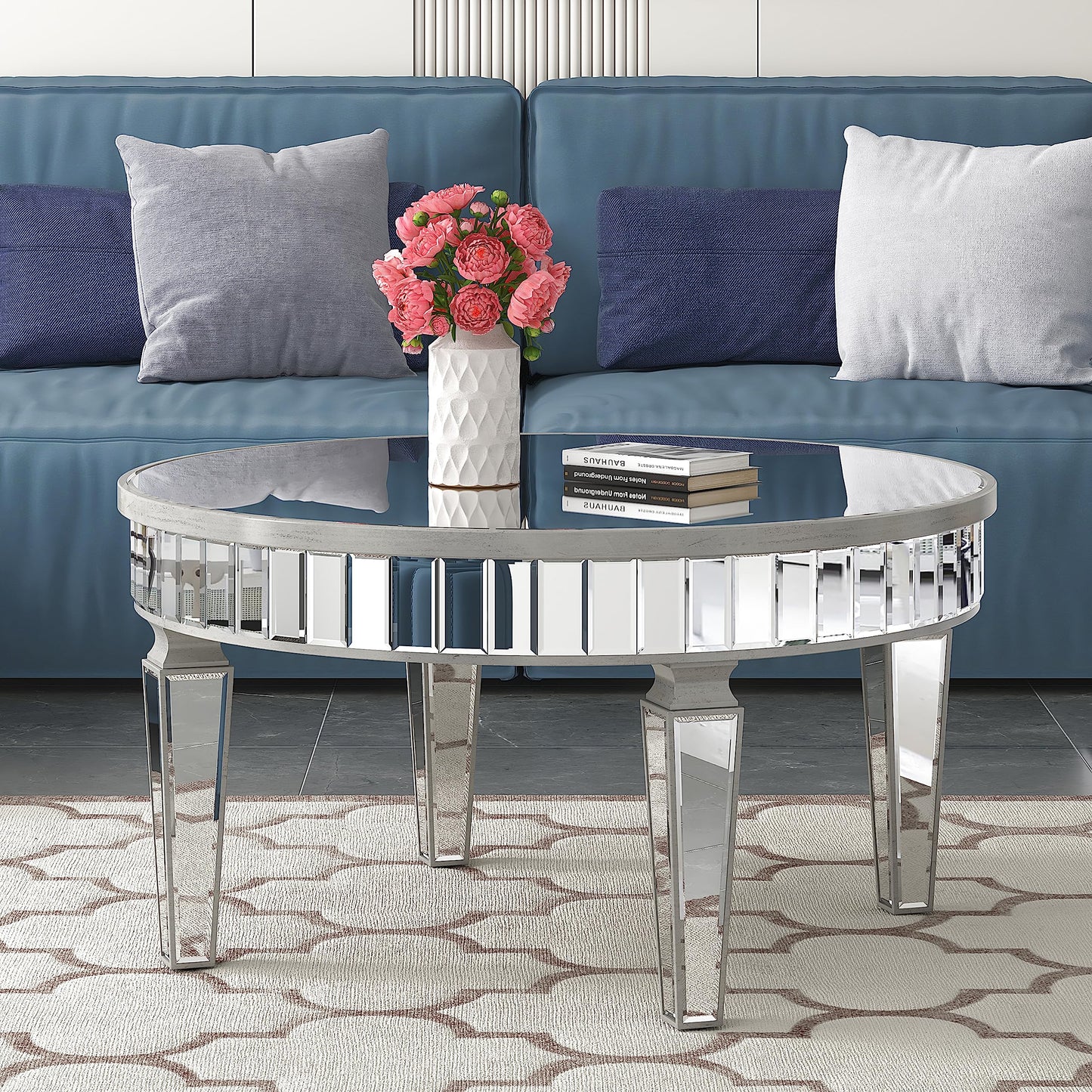 31.5'' Modern Round Coffee Table with Mirror Surface, Silver Accent Table