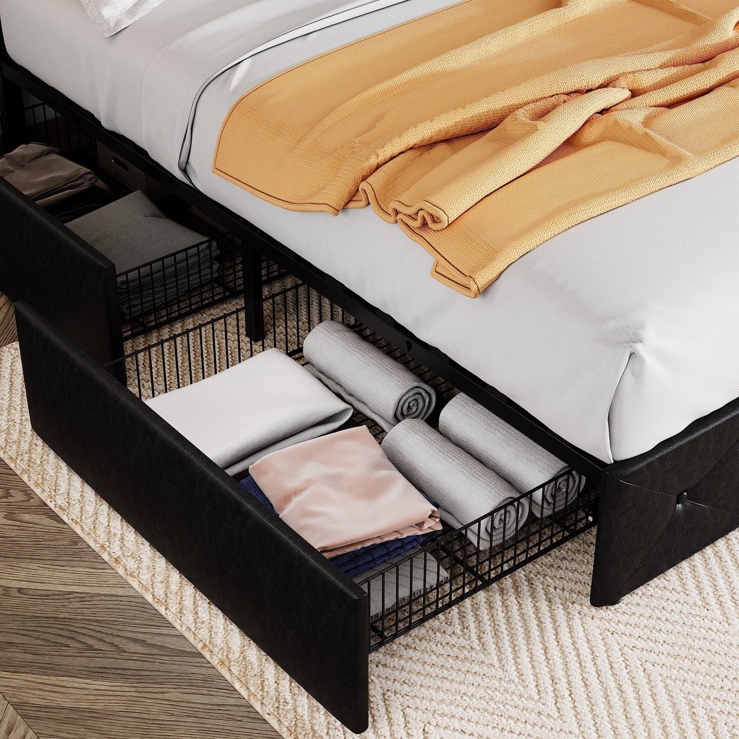 Upholstered Platform Bed Frame with 4 Storage Drawers and Headboard