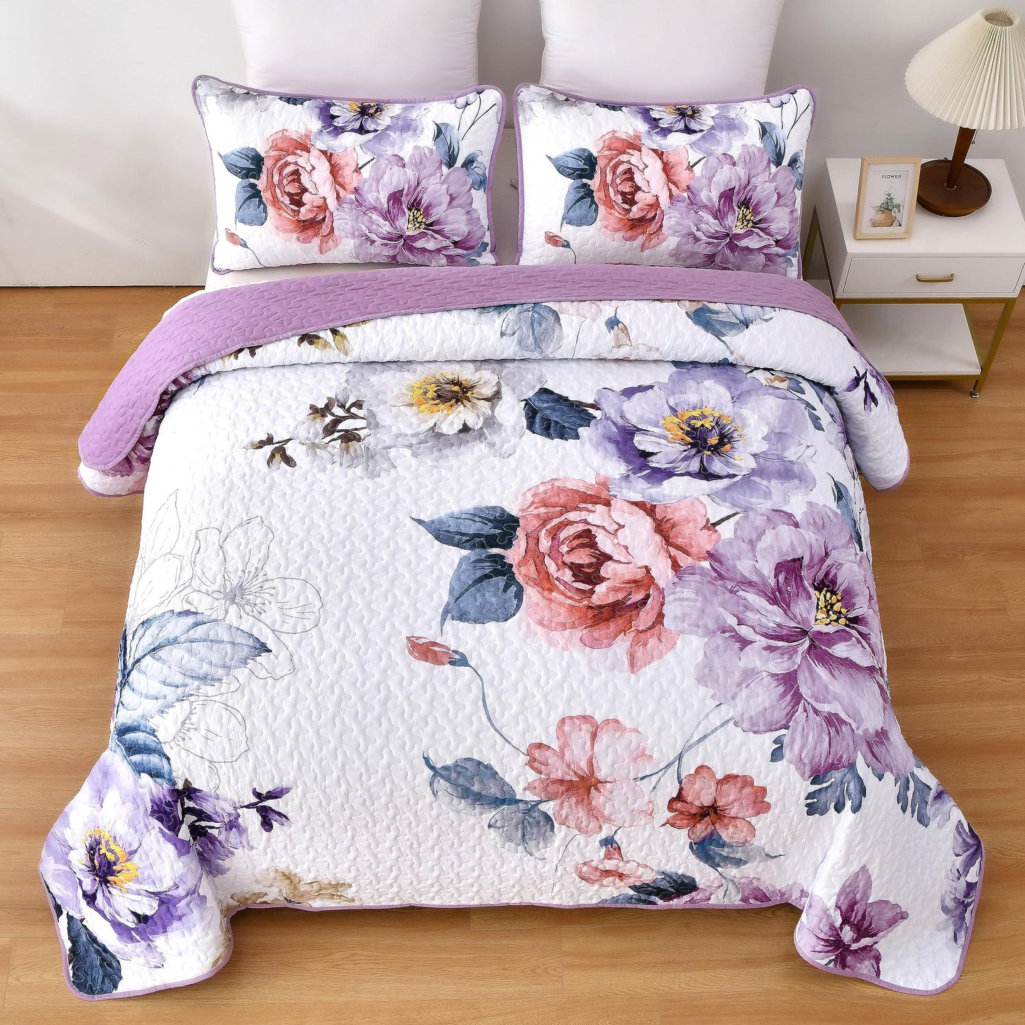 Purple Floral Quilt Set Queen Size, 3 Pieces Botanical Flower Printed