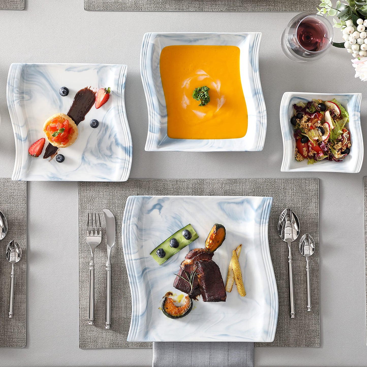 Dinnerware Sets, 12-Piece Porcelain Plates and Bowls Sets, Square Marble