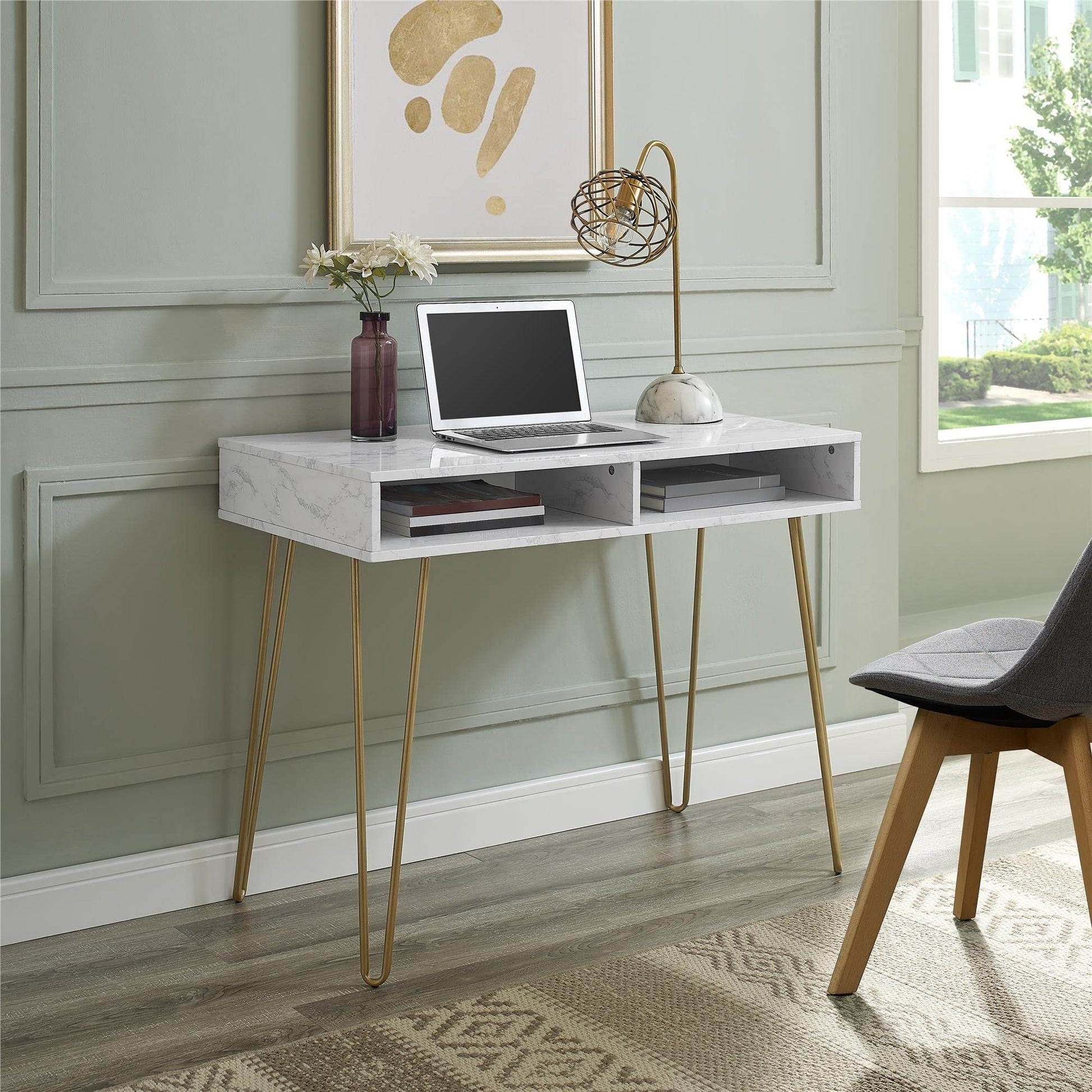 Athena Computer Desk with Storage, White Marble EK HOME FURNITURE